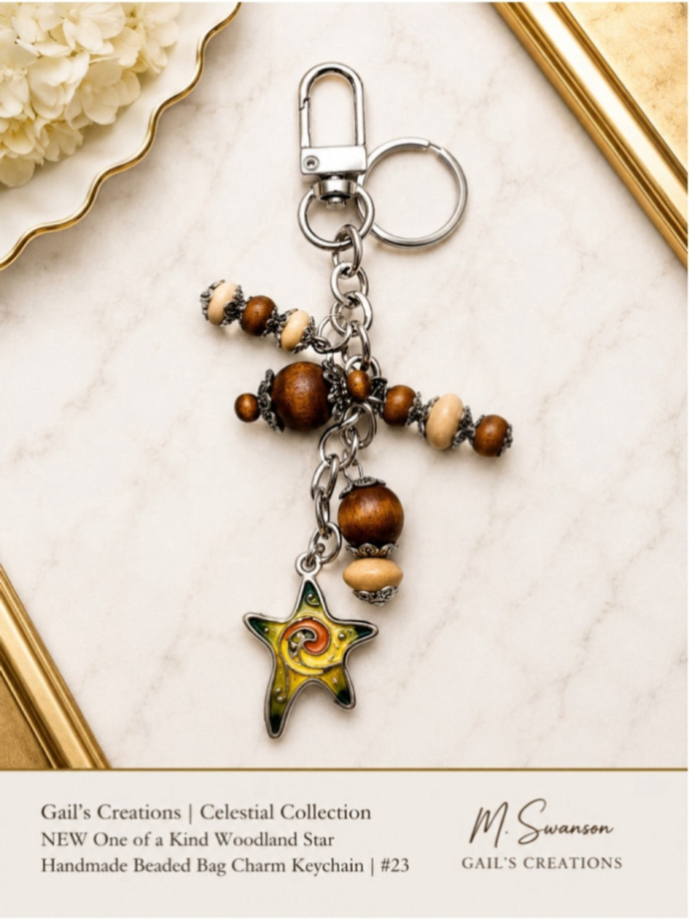 NEW One of a Kind Woodland Star Handmade Beaded Bag Charm Keychain | #23